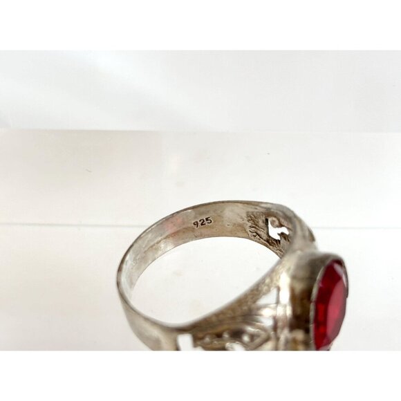 Natural Garnet Oval Cut Gemstone Carved Sterling Silver Vintage Ring - sz 10 - Picture 7 of 10